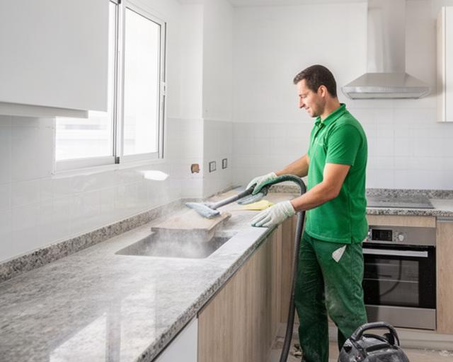 Trabajador realizando limpieza profunda post obra en una cocina recién remodelada con mesada de granito y cerámicos nuevos
