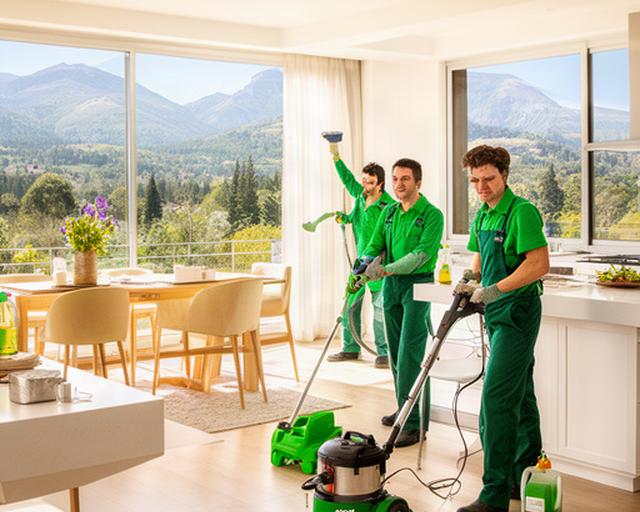 Equipo de limpieza profesional trabajando en una casa luminosa en Villa General Belgrano con vista a las sierras de Córdoba
